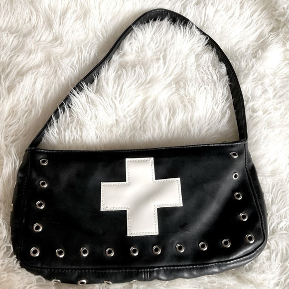 Gothic Medical Bag Purse Black With Handpainted White Cross, Bandage, Flowers - Picture 1 of 4
